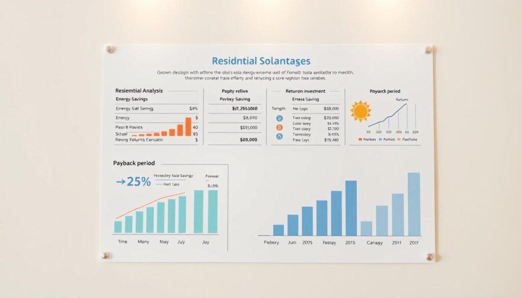 A detailed financial analysis chart showcasing the economic benefits of residential solar energy, presented in a clean, minimalist style. The chart displays various metrics such as energy savings, return on investment, and payback period, with clear data visualizations and easy-to-interpret graphics. The background is a soft, neutral tone, allowing the financial information to take center stage. Subtle lighting casts a warm, natural glow, enhancing the professionalism and credibility of the presentation. The overall mood is one of informed decision-making, guiding the viewer through the financial advantages of transitioning to solar power for the home.