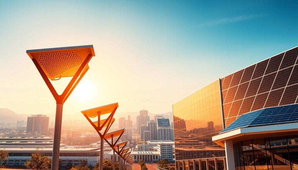 A futuristic solar panel array casting dynamic shadows across a minimalist architectural landscape. The panels capture the sun's energy with intricate, honeycomb-like designs, reflecting a vibrant orange glow. In the foreground, sleek, angular solar-powered streetlamps stand tall, their geometric forms complementing the modern building facades. The background features a sprawling skyline of cutting-edge commercial structures, their rooftops adorned with innovative solar technologies. The scene is bathed in a warm, golden light, conveying a sense of sustainable progress and technological advancement.