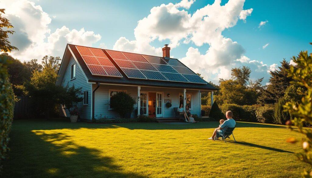 A serene, sunny home nestled among lush greenery, its rooftop adorned with gleaming solar panels that harness the power of the sun. The panels cast a warm, golden glow, casting long shadows that stretch across the neatly manicured lawn. In the foreground, a happy family relaxes on the patio, basking in the energy independence and cost savings that their solar-powered home provides. The scene is framed by a vibrant, azure sky with fluffy white clouds, conveying a sense of tranquility and environmental harmony. The overall mood is one of contentment, security, and a deep connection to the natural world.