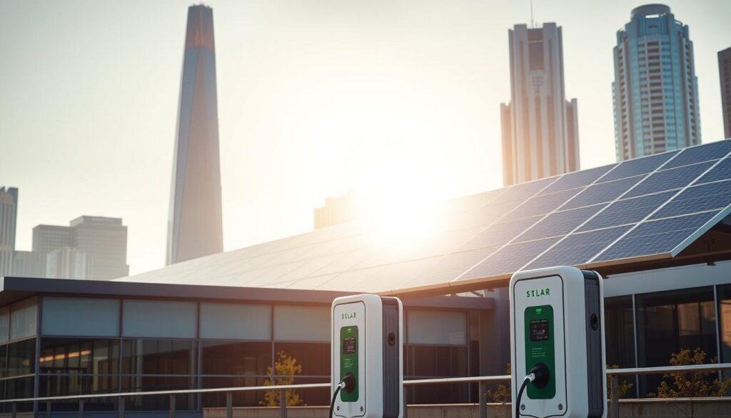 A sleek, modern solar panel array rests atop a contemporary commercial building, its glass-encased design blending seamlessly with the structure's clean, minimalist architecture. Sunlight casts a warm, golden glow across the panels, illuminating their efficient, customized layout. In the foreground, a few solar-powered charging stations stand ready to power electric vehicles, their smooth, angular forms echoing the building's aesthetic. The background features a cityscape of towering skyscrapers, their reflective facades mirroring the renewable energy solutions on display. The overall scene conveys a sense of innovation, sustainability, and a forward-thinking approach to commercial solar power.