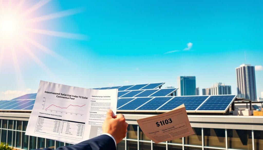 A solar panel array atop a modern office building, sun-dappled and gleaming against a clear blue sky. In the foreground, a businessperson examines financial documents, highlighting incentives and tax credits for commercial solar installations. The middle ground features graphs and charts projecting energy savings and return on investment. In the background, a city skyline with towering skyscrapers, symbolizing the scalability and widespread adoption of sustainable energy solutions. Warm, inviting lighting casts a professional, authoritative tone, emphasizing the financial advantages of transitioning to renewable power for businesses.