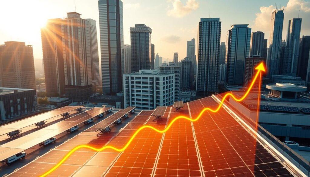 An urban commercial skyline with towering skyscrapers bathed in warm golden sunlight, showcasing rows of neatly installed solar panels on the rooftops. In the foreground, a glowing graph depicting the cost savings and environmental benefits of commercial solar energy, with sleek modern office buildings in the middle ground. The scene conveys a sense of forward-thinking progress and sustainable prosperity, captured through a high-angle wide-angle lens with a shallow depth of field.
