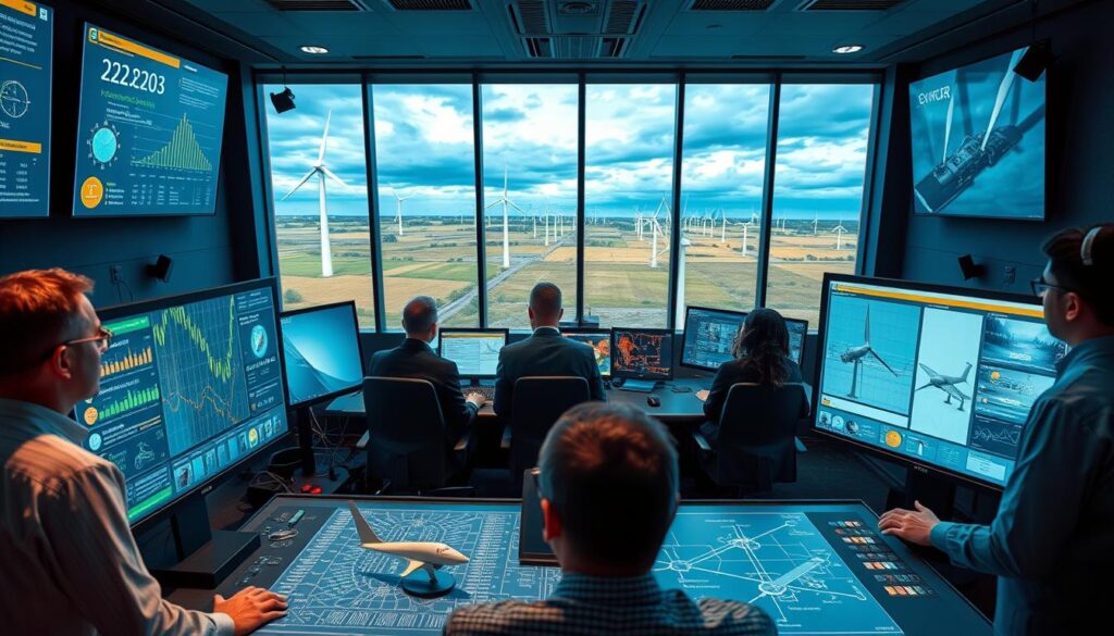 A bustling control room showcasing advanced wind energy grid management. In the foreground, a diverse group of professionals wearing business attire are intently analyzing large digital screens displaying real-time data on energy output, grid stability, and weather conditions. The middle ground features a sophisticated array of wind turbine models and schematics illustrating network links, highlighting technical challenges associated with integrating wind energy into the national grid. In the background, through large windows, a serene landscape of wind farms under a dramatic sky adds depth, emphasizing the juxtaposition of nature and technology. The scene is well-lit with a mix of cool blue and warm yellow tones, creating an atmosphere of focus and innovation, captured with a wide-angle lens to encompass both high-tech equipment and the natural environment outside.