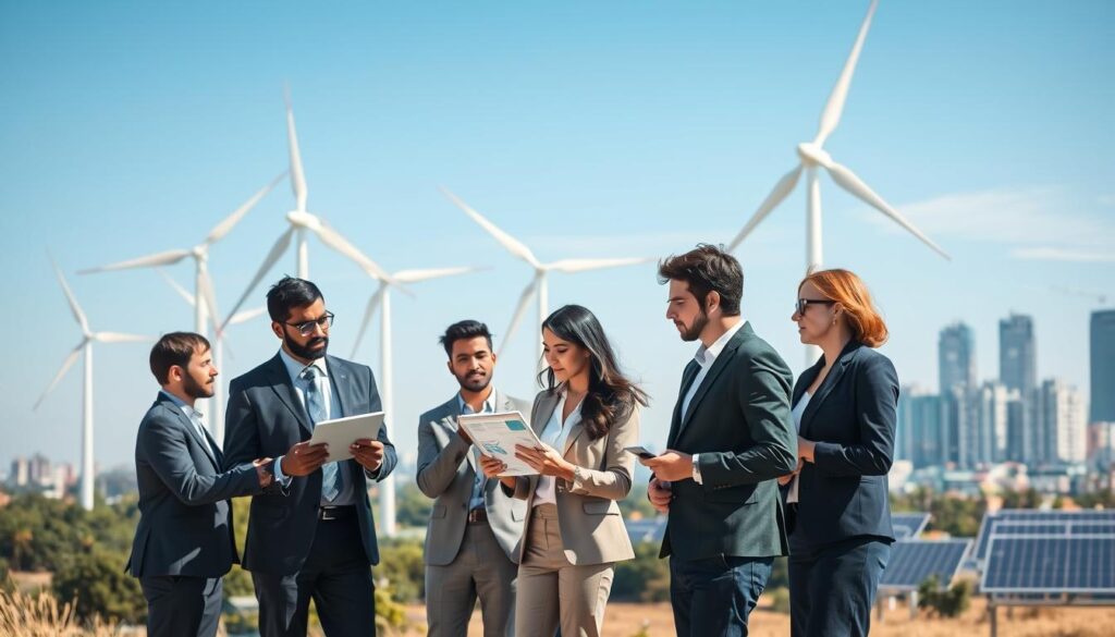 A dynamic and engaging scene illustrating the wind energy market analysis. In the foreground, a diverse group of professionals in business attire—men and women of various ethnicities—are discussing charts and graphs on digital tablets, emphasizing market growth drivers in wind energy. The middle ground features large wind turbines turning gracefully against a clear blue sky, symbolizing renewable energy sources. In the background, a city skyline reflects advancements in sustainable technology, with green buildings and solar panels. The lighting is bright and hopeful, suggesting optimism about the future of wind power. Capture this scene from a slightly elevated angle to encompass both the professionals and the impressive landscape, creating a vision of progress and collaboration in the wind energy sector.