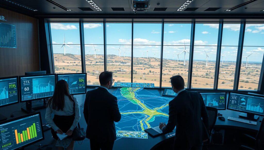 A futuristic smart grid control center focused on renewable energy. In the foreground, a diverse team of professionals in smart business attire, intently analyzing real-time data on digital screens showcasing wind power metrics. The middle ground features a large, interactive digital map illustrating interconnected wind farms and energy distribution networks, pulsing with vibrant, colored lines indicating energy flow. In the background, large windows reveal a panoramic view of a landscape dotted with sleek wind turbines under a clear blue sky. Ambient lighting enhances a high-tech atmosphere, casting soft glows on the screens. The overall mood is one of innovation, collaboration, and the promise of a sustainable future in energy technology.