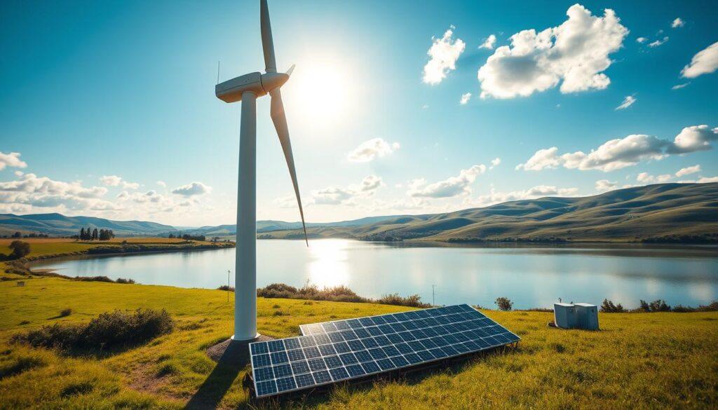 A futuristic wind turbine hybrid energy system set in a lush green landscape. In the foreground, a sleek, modern wind turbine equipped with solar panels on its base, capturing sunlight. In the middle ground, a serene lake reflects the turbine and nearby energy storage units. The background features distant rolling hills under a clear blue sky dotted with fluffy clouds. Soft, warm sunlight bathes the scene, creating a vibrant and optimistic atmosphere. Capture the image from a low-angle perspective, emphasizing the height and innovative design of the wind turbine. The composition should evoke a sense of harmony between technology and nature, highlighting advancements in energy efficiency.