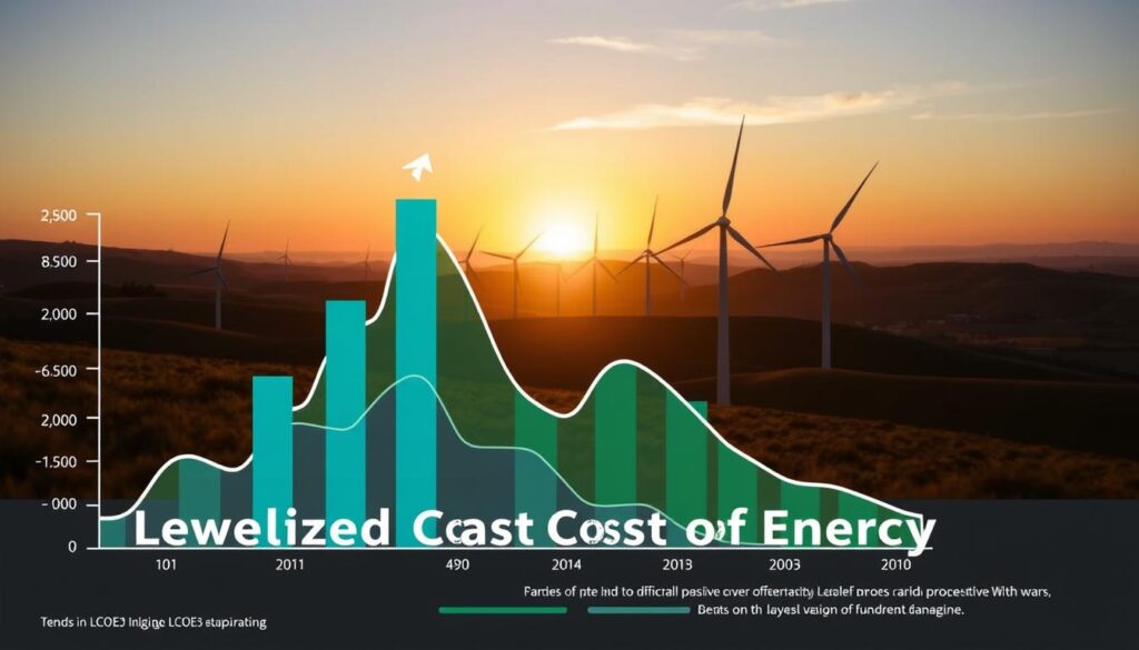 A modern, digital infographic illustrating the trends in Levelized Cost of Energy (LCOE) for wind power. In the foreground, display a stylized graph with upward and downward trends, filled with vibrant colors like blue and green to represent growth and economic fluctuations. The middle ground features wind turbines against a stunning sunset, showcasing their sleek design and significant height, symbolizing the wind energy landscape. In the background, a serene horizon with rolling hills and a clear sky adds depth, enhancing the feeling of progress and sustainability. Use soft, natural lighting to create an optimistic atmosphere, emphasizing the potential of wind power. The angle should be slightly elevated, giving a panoramic view that invites contemplation and analysis.