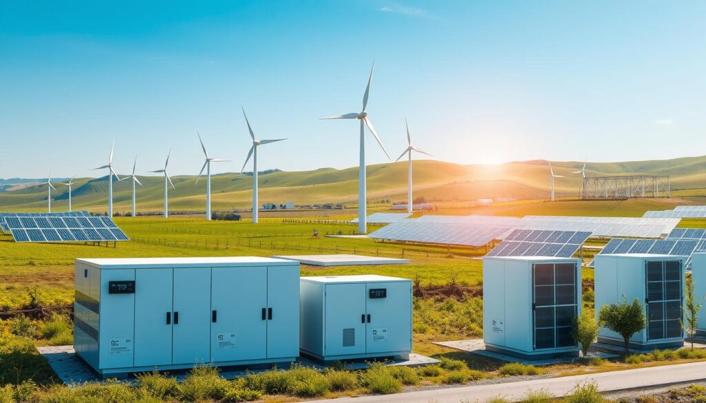 A modern renewable energy storage facility nestled in a green landscape, featuring futuristic battery systems and wind turbine arrays in the foreground, showcasing large, sleek energy storage units with digital displays of energy metrics. In the middle ground, several wind turbines are actively generating energy, their blades turning against a bright blue sky. In the background, rolling hills are dotted with solar panels glimmering under the sun. The setting exhibits a clean, efficient ambiance with soft midday lighting, emphasizing innovation and sustainability. The angle is slightly elevated as if viewed from a drone, capturing the vastness of the integrated renewable landscape. The overall atmosphere is one of hope and technological advancement, conveying progress in energy storage and load balancing solutions.