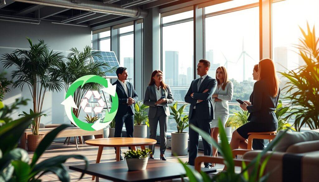 A corporate office setting symbolizing circular economy and corporate responsibility, featuring an open workspace with green plants and renewable energy elements. In the foreground, a diverse group of professionals in business attire discuss concepts around sustainable battery recycling, surrounded by graphical representations of recycling loops and energy storage cycles. The middle ground shows large windows with natural light pouring in, highlighting eco-friendly materials like bamboo furniture. In the background, a city skyline is visible, integrated with solar panels and wind turbines, symbolizing sustainability. Capture a bright, optimistic mood with soft lighting, as if early morning, to convey hope and responsibility for the future of energy. Use a wide-angle lens to showcase the entire office environment and the collaborative spirit.