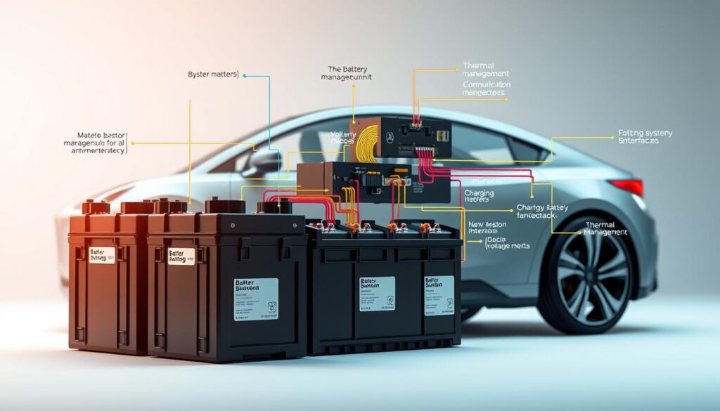 A detailed diagram of an EV battery management system, showcasing the interconnected components and processes. In the foreground, prominently display the battery packs, complete with labels for terminals and voltage readings. The middle layer features the battery management unit (BMU) and various sensors, connected by detailed colored lines representing data flow and communication channels. Include elements like thermal management systems, charging interfaces, and safety features, ensuring clarity in each component's role. The background consists of a sleek electric vehicle silhouette, hinting at the integration of the battery system within the vehicle. Use a soft, professional lighting to emphasize the technological aspect, with a slight perspective angle to create depth and focus on the battery management system. The atmosphere conveys innovation and precision, with a modern aesthetic. A detailed diagram of an EV battery management system, showcasing the interconnected components and processes. In the foreground, prominently display the battery packs, complete with labels for terminals and voltage readings. The middle layer features the battery management unit (BMU) and various sensors, connected by detailed colored lines representing data flow and communication channels. Include elements like thermal management systems, charging interfaces, and safety features, ensuring clarity in each component's role. The background consists of a sleek electric vehicle silhouette, hinting at the integration of the battery system within the vehicle. Use a soft, professional lighting to emphasize the technological aspect, with a slight perspective angle to create depth and focus on the battery management system. The atmosphere conveys innovation and precision, with a modern aesthetic.