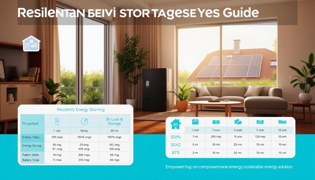 A detailed residential energy storage sizing guide, featuring a sleek and modern infographic design. Foreground includes a well-organized table or chart with energy capacity options, installation recommendations, and technical specifications, surrounded by home-related icons like solar panels and batteries. In the middle ground, a tranquil living room scene showcases a battery storage unit beautifully integrated into a contemporary home environment, with plants and sunlight streaming in from a large window, creating an inviting feel. The background features a glimpse of solar panels on the roof, suggesting a sustainable lifestyle. Soft, natural lighting enhances the scene, captured with a slightly elevated angle, conveying a sense of professionalism and clarity. The overall mood is informative yet warm, emphasizing empowerment through sustainable energy solutions.