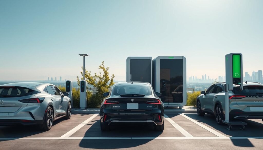 A futuristic battery-buffered charging station for electric vehicles, prominently featured in the foreground with sleek, modern charging units connected to a variety of EVs. The middle ground showcases a durable, high-capacity battery storage unit, surrounded by green vegetation and energy-efficient LED lighting for an inviting atmosphere. In the background, a clear blue sky and a distant city skyline suggest urban integration of clean energy. Soft lighting casts gentle shadows, adding depth to the scene. Use a wide-angle lens to capture the scale and innovation of the infrastructure, conveying a sense of advancement and sustainability, emphasizing the contrast between fast and slow charging capabilities amid a clean, eco-friendly environment. A futuristic battery-buffered charging station for electric vehicles, prominently featured in the foreground with sleek, modern charging units connected to a variety of EVs. The middle ground showcases a durable, high-capacity battery storage unit, surrounded by green vegetation and energy-efficient LED lighting for an inviting atmosphere. In the background, a clear blue sky and a distant city skyline suggest urban integration of clean energy. Soft lighting casts gentle shadows, adding depth to the scene. Use a wide-angle lens to capture the scale and innovation of the infrastructure, conveying a sense of advancement and sustainability, emphasizing the contrast between fast and slow charging capabilities amid a clean, eco-friendly environment.