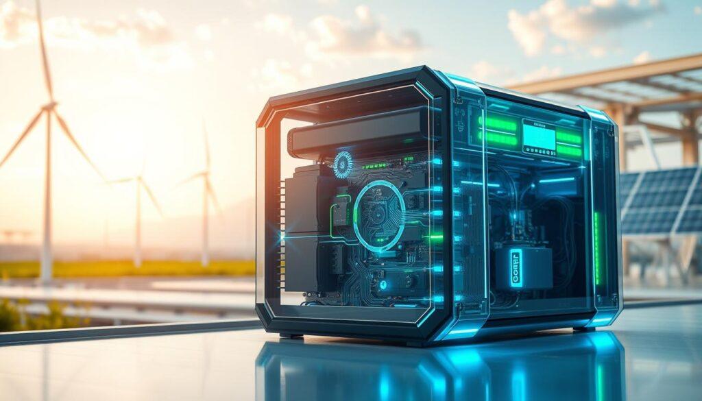 A futuristic battery supercapacitor hybrid system displayed prominently in the foreground, showcasing sleek, modern designs of lithium batteries and supercapacitors interconnected with glowing energy flows. In the middle ground, a transparent protective casing reveals intricate circuitry and LED indicators, emphasizing technological sophistication with soft blue and green lighting. In the background, a clean, industrial environment reflects renewable energy themes, featuring wind turbines and solar panels subtly integrated into the scene. The atmosphere is vibrant and optimistic, symbolizing innovation in energy storage solutions. The composition utilizes a wide-angle lens to capture the depth of the system and its surroundings, with a focus on clarity and detail, evoking a sense of progress in hybrid energy technology.