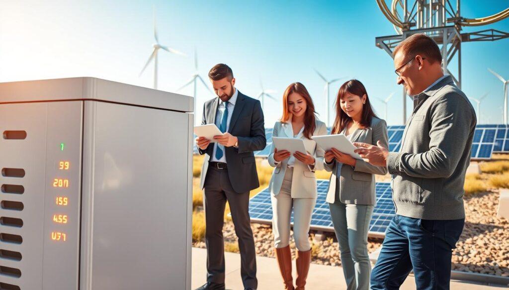 A futuristic grid storage facility showcasing advanced energy reliability services. In the foreground, a sleek, modern storage unit with LED indicators glowing softly, conveying active energy management. In the middle ground, a diverse team of professionals in business attire is analyzing data on digital tablets, discussing strategies for enhancing grid stability. Behind them, a sprawling renewable energy landscape features wind turbines and solar panels under a bright blue sky, symbolizing a sustainable energy future. The scene is illuminated by warm sunlight, creating a hopeful and innovative atmosphere, captured from a dynamic angle that emphasizes the scale of technology and teamwork. The focus is sharp on the professionals and the storage unit, with a slight blur on the background elements to enhance depth.