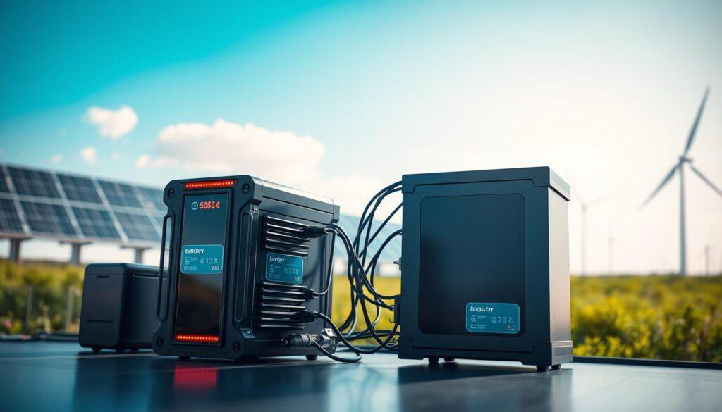 A futuristic hybrid energy system showcasing a battery and supercapacitor integrated seamlessly. In the foreground, visually striking modern energy storage units with sleek designs, featuring glowing indicators and labels indicating energy capacity. The middle ground includes a dynamic arrangement of wires and converters, emphasizing the connection between the battery and supercapacitor. In the background, a soft-focus renewable energy landscape with solar panels and wind turbines under a clear blue sky. Bright, natural lighting illuminates the scene, creating an optimistic and innovative mood. The camera angle is slightly tilted upwards, enhancing the sense of advancement in technology. No text or additional elements present.
