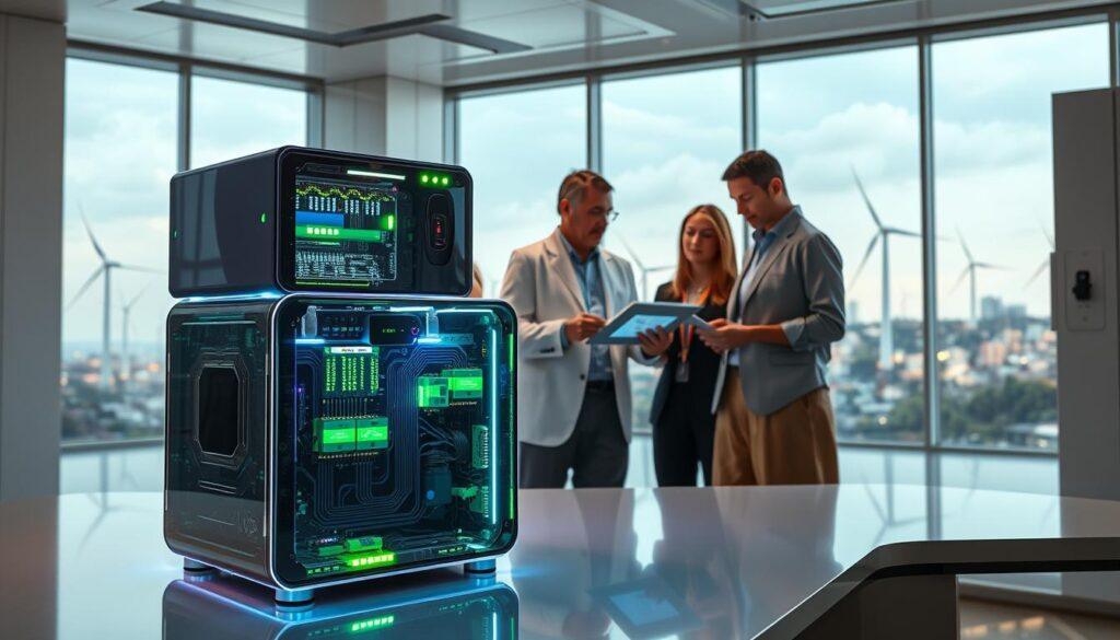 A futuristic laboratory scene focused on emerging energy storage technologies. In the foreground, a sleek, transparent energy storage unit pulsates with blue and green light, showcasing intricate circuitry and glowing interfaces. In the middle, a diverse group of professionals in modern attire examine the device, with one person holding a digital tablet displaying data visualizations. The background features large windows revealing a cityscape powered by renewable energy sources, including wind turbines and solar panels. Soft, ambient lighting enhances the atmosphere, with reflections creating a high-tech vibe. Capture the sense of innovation and collaboration in the air, highlighting a hopeful future for energy solutions.
