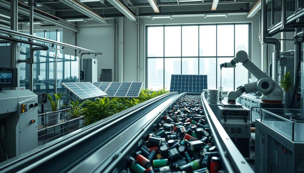 A high-tech battery recycling facility in action, showcasing advanced machinery and automated systems. In the foreground, a sleek, modern conveyor belt transports used batteries, with robotic arms carefully sorting and disassembling them. The middle ground features bright, eco-friendly technology, including solar panels and green plants thriving in a sustainable environment. In the background, a large window reveals a city skyline, emphasizing the integration of this facility within an urban circular economy. Utilize soft, natural lighting to highlight the clean, efficient design and create a hopeful atmosphere. Capture the scene from a slightly elevated angle to provide a comprehensive view of the operations, emphasizing innovation and sustainability in battery recycling technology.