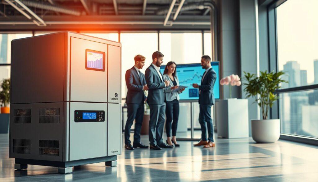 A modern office setting showcasing intelligent business storage technology, positioned prominently in the foreground. The storage unit features sleek, modular designs with LED displays and touch controls, symbolizing advanced energy management. In the middle ground, a team of diverse professionals in professional business attire collaborates around a digital dashboard, analyzing data trends and performance metrics. The background reveals large windows with cityscape views, bathed in warm, natural light, creating an inspiring atmosphere. Use a wide-angle lens to capture the workspace, with an emphasis on bright, clean lines and an organized layout. The overall mood is one of innovation and efficiency, illustrating a forward-thinking approach to commercial energy storage solutions.