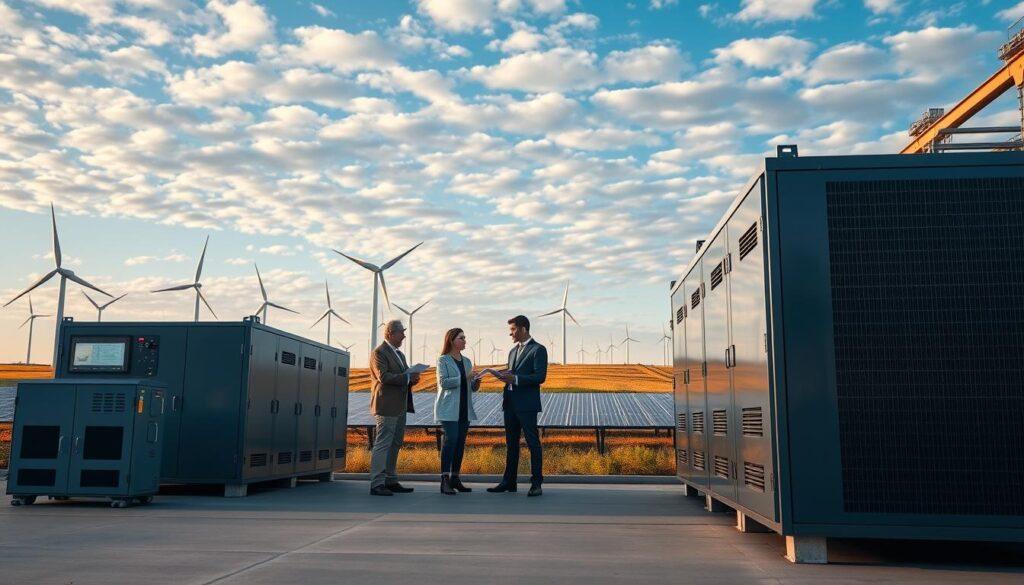 A modern utility facility showcasing long-duration energy storage solutions. In the foreground, several large, high-tech energy storage units, with illuminated control panels and efficient design. In the middle ground, engineers and business professionals in professional attire discuss the technology, with blueprints and tablets in hand. The background features a sprawling renewable energy landscape: wind turbines and solar panels under a serene, blue sky filled with soft, fluffy clouds. The scene is bathed in warm, natural lighting to evoke a sense of optimism and innovation. The angle captures the energy storage units while emphasizing the collaborative atmosphere among the professionals. The overall mood is one of progress and synergy in sustainable energy solutions.