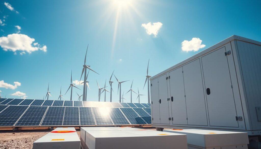 A striking image of a commercial facility showcasing the integration of solar panels and wind turbines with large battery storage units. In the foreground, detailed battery storage systems are arranged neatly, emphasizing their robust infrastructure and technology. The middle ground features multiple solar panels aligned to capture sunlight, while sleek wind turbines gracefully spin in the background, under a bright blue sky dotted with a few clouds. The setting conveys a sense of innovation and sustainability, with sunlight illuminating the scene to create a vibrant atmosphere. The angle is slightly elevated to give a panoramic view of the entire setup, highlighting the synergy between these energy solutions and the potential of renewable energy for businesses.