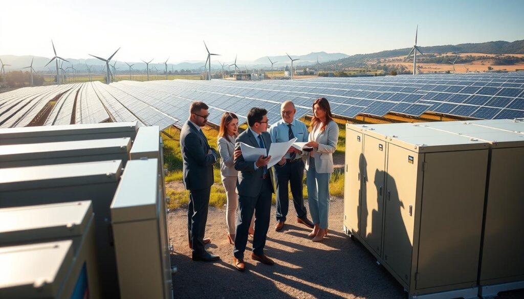 A visually striking representation of policy and incentives for utility-scale batteries in a modern energy landscape. In the foreground, an array of large, high-tech battery storage systems gleam under bright, natural sunlight. In the middle ground, a diverse group of professionals in business attire engages in discussions, reviewing blueprints and energy policy documents, symbolizing collaboration and innovation. The background features a panoramic view of a renewable energy grid with wind turbines and solar panels operating harmoniously together. Soft, morning light casts long shadows, creating an optimistic atmosphere. The scene is shot from a slightly elevated angle, adding depth and emphasizing the scale of the installation. This composition communicates hope and progress in the renewable energy sector without any text or distractions.