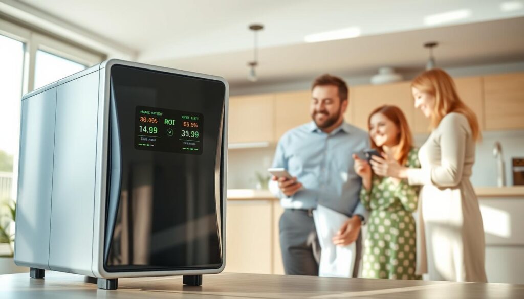 An informative and visually engaging scene depicting a home battery cost-benefit analysis in a modern living space. In the foreground, a sleek, contemporary home battery unit, with digital screens displaying metrics like energy savings and ROI (return on investment). In the middle ground, a professional individual in business attire discusses data with an engaged family, showing smiles and nods, emphasizing the benefits of home energy storage. The background features a bright, airy kitchen with sunlight streaming through large windows, showcasing a sustainable lifestyle. Use soft, natural lighting to create a warm atmosphere. The camera angle should be slightly elevated to capture the home battery and the interaction, focusing on the expressions and environment, promoting a sense of hopefulness and empowerment in sustainable living.
