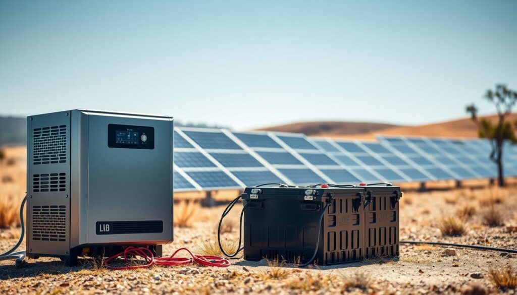 A detailed depiction of remote power system components, featuring a solar inverter and battery setup in a natural outdoor setting, under a bright blue sky. In the foreground, showcase the sleek solar inverter with clearly visible wiring, surrounded by a robust battery unit, connected with glowing cables. In the middle ground, include neatly arranged solar panels absorbing sunlight, casting subtle shadows on the ground. The background should feature gentle hills and a few trees to emphasize the off-grid environment. Use natural lighting to create a sense of warmth and tranquility, with soft focus on the background. Aim for a realistic aesthetic, capturing the essence of sustainable energy solutions, and ensuring all components are portrayed accurately and attractively.