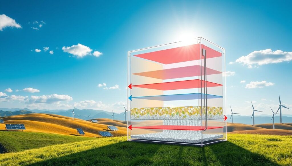 A detailed, informative illustration of a "heat batteries seasonal shifting diagram." In the foreground, show a large, transparent heat battery with distinct layers colored to represent different thermal states. Include animated arrows indicating the flow of thermal energy throughout the battery for both seasonal and daily shifts. In the middle ground, depict seasonal changes with a gradient background transitioning from summer to winter, symbolizing variations in energy storage and demand. The background features a stylized landscape with rolling hills, solar panels, and wind turbines, set under a bright blue sky with the sun and clouds. Use natural lighting to highlight the battery's features, and integrate a slightly technical angle, as if viewed through an engineering lens. The overall mood is innovative and sustainable, reflecting the importance of thermal energy storage. A detailed, informative illustration of a "heat batteries seasonal shifting diagram." In the foreground, show a large, transparent heat battery with distinct layers colored to represent different thermal states. Include animated arrows indicating the flow of thermal energy throughout the battery for both seasonal and daily shifts. In the middle ground, depict seasonal changes with a gradient background transitioning from summer to winter, symbolizing variations in energy storage and demand. The background features a stylized landscape with rolling hills, solar panels, and wind turbines, set under a bright blue sky with the sun and clouds. Use natural lighting to highlight the battery's features, and integrate a slightly technical angle, as if viewed through an engineering lens. The overall mood is innovative and sustainable, reflecting the importance of thermal energy storage.