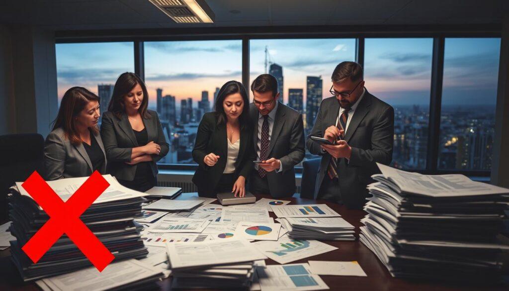 A dimly lit office scene featuring a diverse group of professionals in business attire gathered around a large table strewn with financial documents and charts. In the foreground, a red "X" symbol overlays a stack of confused spreadsheets to symbolize financing mistakes. In the middle ground, a focused woman points to a pie chart, while a man frowns at a calculator, illustrating the stress of miscalculations. The background features a window showing an urban skyline at dusk, hinting at opportunity and urgency. Soft overhead lighting casts shadows and creates a tense but hopeful atmosphere, highlighting the importance of understanding energy project financing. The image conveys a sense of professionalism, caution, and the need for informed decision-making.