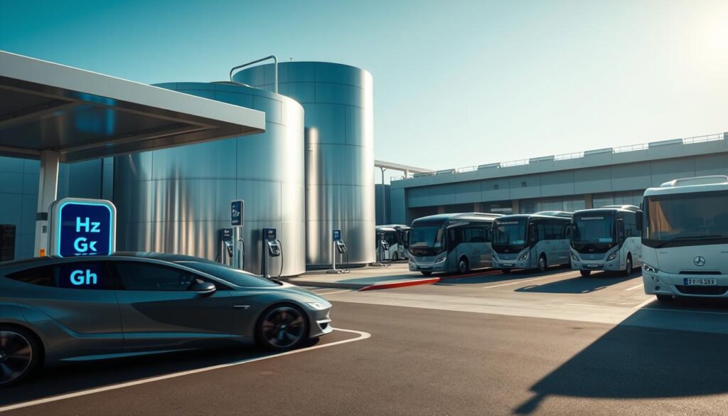 A futuristic hydrogen storage facility within the transportation industry. In the foreground, sleek hydrogen fuel cell vehicles are being refueled at a modern station, with glowing blue hydrogen indicators. The middle ground shows a large cylindrical hydrogen storage tank, reflecting sunlight, integrated into the sleek architecture of a transport hub. In the background, electric-powered buses and delivery trucks are lined up, symbolizing the shift towards clean energy. The scene is bathed in bright, natural daylight, creating an optimistic atmosphere. A wide-angle view captures the entirety of the facility with an emphasis on clean lines and innovative technology. Soft shadows enhance the three-dimensional depth, while a clear blue sky amplifies the sense of a sustainable future. A futuristic hydrogen storage facility within the transportation industry. In the foreground, sleek hydrogen fuel cell vehicles are being refueled at a modern station, with glowing blue hydrogen indicators. The middle ground shows a large cylindrical hydrogen storage tank, reflecting sunlight, integrated into the sleek architecture of a transport hub. In the background, electric-powered buses and delivery trucks are lined up, symbolizing the shift towards clean energy. The scene is bathed in bright, natural daylight, creating an optimistic atmosphere. A wide-angle view captures the entirety of the facility with an emphasis on clean lines and innovative technology. Soft shadows enhance the three-dimensional depth, while a clear blue sky amplifies the sense of a sustainable future.