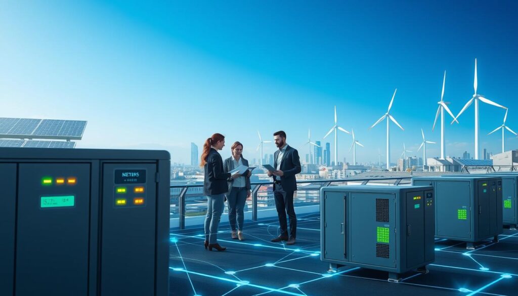 A futuristic representation of distributed storage technologies in an energy context. In the foreground, show sleek, modular energy storage units with glowing indicators, interconnected through a web of luminous data lines. In the middle ground, visualize a diverse group of professionals in business attire, discussing and analyzing energy data on digital tablets, surrounded by interactive displays showing real-time energy distribution metrics. The background should feature a modern cityscape with solar panels on rooftops and wind turbines generating clean energy, under a clear blue sky. Use soft, bright lighting to create an optimistic and innovative atmosphere, captured from a slightly elevated angle to emphasize the interconnectedness of the technologies.