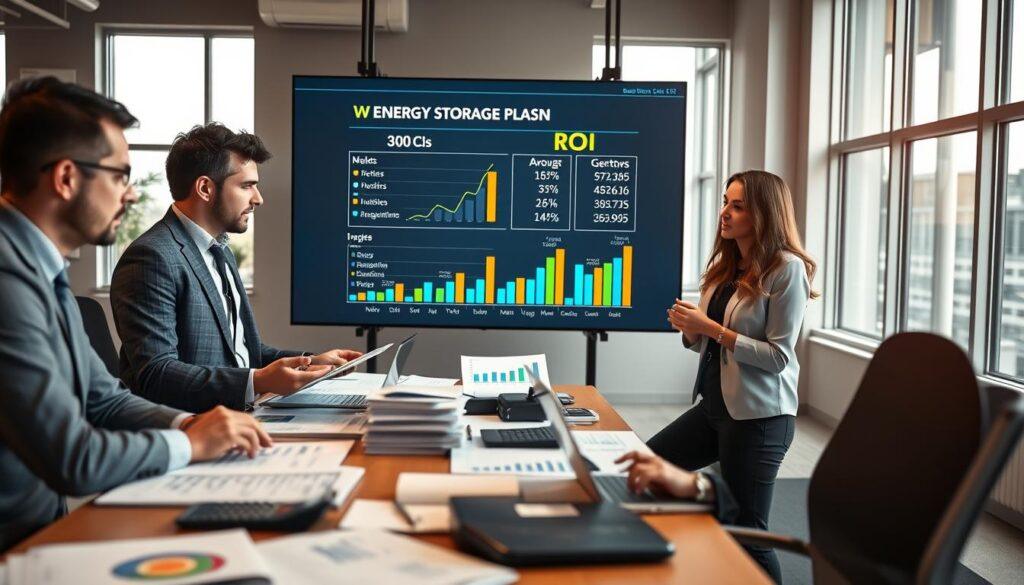 A modern office setting showcasing business case ROI calculations on a large digital screen. In the foreground, a diverse group of three professionals—two men and one woman—dressed in smart business attire, intensely discussing financial graphs and data points. The middle ground features tables cluttered with financial reports, calculators, and laptops, with vibrant charts illustrating growth metrics and ROI percentages. In the background, large windows let in natural light, casting a warm glow that gives a professional yet welcoming atmosphere. Use a shallow depth of field to focus on the engaged team while softly blurring the office space behind. The overall mood should be dynamic and focused, emphasizing collaboration and analytical thinking in the energy storage sector.
