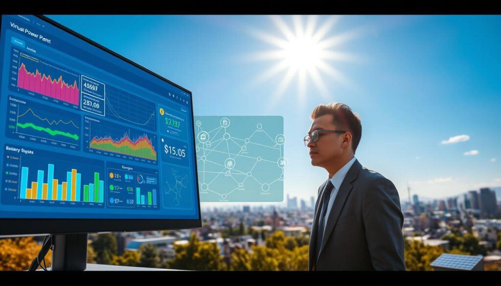 A modern virtual power plant (VPP) software platform displayed on a sleek computer screen, showcasing a user interface with vibrant graphs, energy flows, and digital maps of distributed energy assets like solar panels and battery storage systems. In the foreground, a professional in business attire is analyzing data, with a focused expression. The middle ground highlights diverse energy assets connected by digital lines, symbolizing connectivity and efficiency. In the background, a futuristic cityscape under a bright blue sky, with renewable energy sources integrated seamlessly. Soft, natural lighting enhances the scene, conveying an atmosphere of innovation and collaboration. The angle is slightly elevated, providing a panoramic view that emphasizes the scale and importance of decentralized energy management.