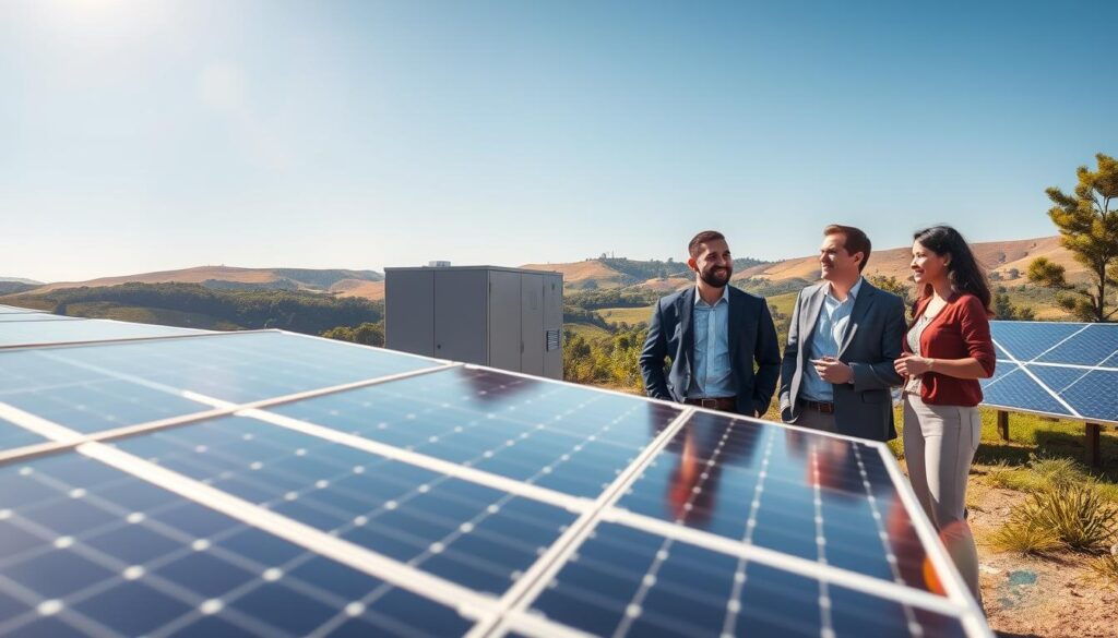 A serene off-grid energy storage site showcasing success, with a well-organized solar panel array in the foreground, gleaming in the sunlight. In the middle ground, a sturdy battery storage unit, surrounded by lush greenery, emphasizes sustainability. The background features a scenic landscape of rolling hills and a clear blue sky, reflecting nature's harmony with technology. Soft, warm lighting creates an inviting atmosphere, capturing a moment of tranquility and independence. A slight lens flare adds a touch of warmth to the scene. Include a diverse group of three professionals, dressed in smart casual attire, discussing the system with expressions of satisfaction and encouragement. The overall mood is one of achievement and hope, epitomizing the success of off-grid energy solutions.