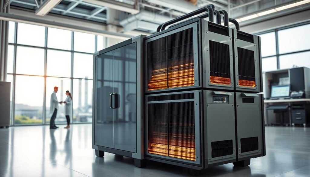 A sleek and innovative modern heat battery system, prominently displayed in the foreground, featuring stacked thermal storage units with a futuristic design. The middle ground reveals a research lab environment with scientists in professional attire, analyzing data on digital screens. The background showcases large windows letting in natural light, with a view of a sustainable energy plant. The lighting is bright and clean, emphasizing a sense of optimism and forward-thinking technology. The angle is slightly elevated, giving a comprehensive perspective of the technology in use. The overall mood is one of progress and sustainability, symbolizing a revolution in thermal energy storage solutions. A sleek and innovative modern heat battery system, prominently displayed in the foreground, featuring stacked thermal storage units with a futuristic design. The middle ground reveals a research lab environment with scientists in professional attire, analyzing data on digital screens. The background showcases large windows letting in natural light, with a view of a sustainable energy plant. The lighting is bright and clean, emphasizing a sense of optimism and forward-thinking technology. The angle is slightly elevated, giving a comprehensive perspective of the technology in use. The overall mood is one of progress and sustainability, symbolizing a revolution in thermal energy storage solutions.