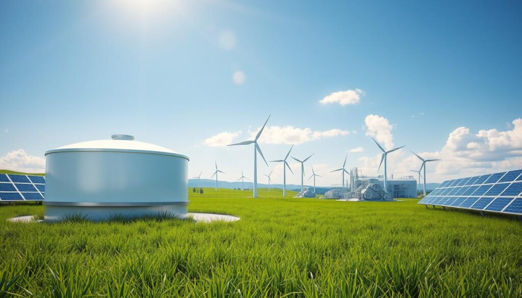 A vibrant, futuristic landscape showcasing an integrated green hydrogen production and storage facility. In the foreground, a sleek, modern hydrogen storage tank gleams under bright, natural sunlight, surrounded by lush green grass and solar panels reflecting the sunlight. In the middle ground, wind turbines spin gracefully, symbolizing renewable energy sources, while an innovative electrolyzer converts water into hydrogen, emitting soft vapor. The background features a clear blue sky with a few fluffy clouds, emphasizing the clean and sustainable atmosphere. Use a wide-angle lens to capture the expansive scene, filled with vivid greens and blues, creating a hopeful and forward-looking mood, illustrating the harmonious relationship between nature and technology in the context of energy innovation. A vibrant, futuristic landscape showcasing an integrated green hydrogen production and storage facility. In the foreground, a sleek, modern hydrogen storage tank gleams under bright, natural sunlight, surrounded by lush green grass and solar panels reflecting the sunlight. In the middle ground, wind turbines spin gracefully, symbolizing renewable energy sources, while an innovative electrolyzer converts water into hydrogen, emitting soft vapor. The background features a clear blue sky with a few fluffy clouds, emphasizing the clean and sustainable atmosphere. Use a wide-angle lens to capture the expansive scene, filled with vivid greens and blues, creating a hopeful and forward-looking mood, illustrating the harmonious relationship between nature and technology in the context of energy innovation.