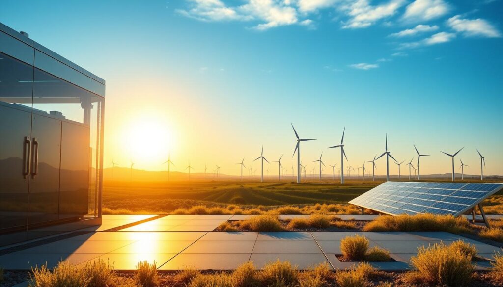 A futuristic digital landscape representing the energy storage market forecasts. In the foreground, a sleek, modern battery storage facility, designed with transparent elements showcasing energy flow. The middle ground features a dynamic graph visualizing upward trends, highlighting projections for market growth. In the background, a skyline of renewable energy sources, such as wind turbines and solar panels, illuminated by a warm, golden sunrise casting long shadows, symbolizing hope and innovation in the industry. The lighting is bright and optimistic, with a clear blue sky, evoking a sense of progress and sustainability. The image should maintain a professional, clean aesthetic, devoid of any text or distractions, ideal for an editorial context.