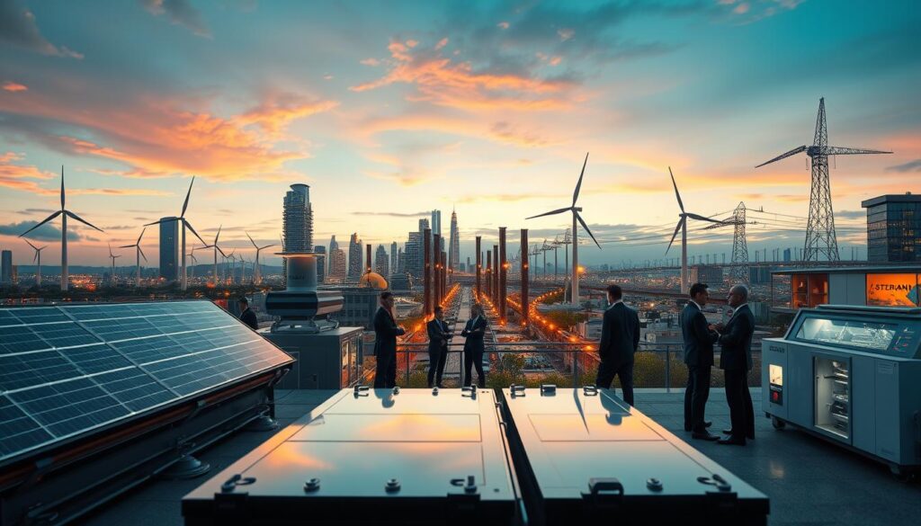 A futuristic urban landscape showcasing a vibrant energy storage innovation ecosystem. In the foreground, sleek battery technologies and solar panels are prominently displayed, with representatives in professional business attire engaged in discussions. The middle ground features cutting-edge startups with high-tech laboratories and research facilities, displaying prototypes and interactive displays. The background reveals a skyline with wind turbines and a smart grid interconnecting energy sources, enhanced by dynamic lighting from dusk, casting a warm, inviting glow. A panoramic view captured from a low angle emphasizes the scale of innovation, creating an atmosphere of collaboration and forward-thinking. The image embodies a sense of optimism and progress in sustainable energy solutions.