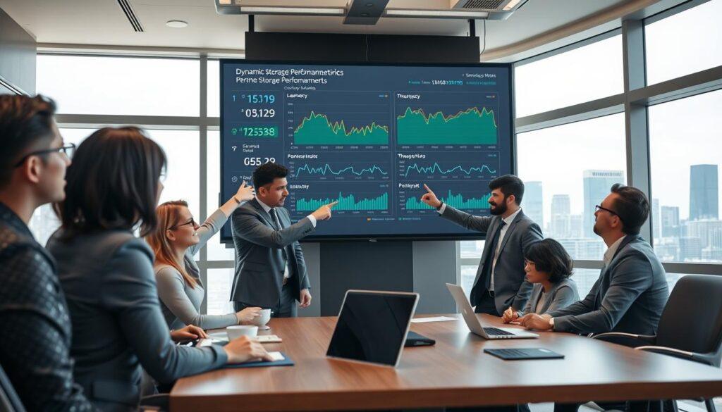 A sleek, modern office setting with a large digital screen displaying dynamic storage performance metrics, such as latency and throughput graphs. In the foreground, a diverse group of professionals in business attire are engaged in a discussion, pointing at the screen, conveying a sense of teamwork and strategic planning. The middle ground features a stylish meeting table with laptops and notes, while the background includes large windows showing a city skyline, providing a bright and dynamic atmosphere. Soft, even lighting highlights the data being presented, creating a professional and focused mood. The angle captures the group from slightly below, emphasizing their engagement and the importance of the metrics displayed. A sleek, modern office setting with a large digital screen displaying dynamic storage performance metrics, such as latency and throughput graphs. In the foreground, a diverse group of professionals in business attire are engaged in a discussion, pointing at the screen, conveying a sense of teamwork and strategic planning. The middle ground features a stylish meeting table with laptops and notes, while the background includes large windows showing a city skyline, providing a bright and dynamic atmosphere. Soft, even lighting highlights the data being presented, creating a professional and focused mood. The angle captures the group from slightly below, emphasizing their engagement and the importance of the metrics displayed.